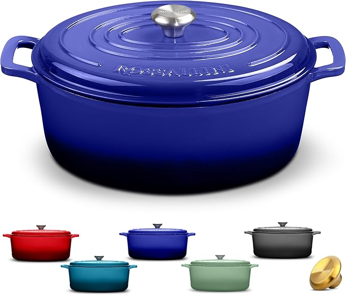 Signature Enameled Cast Iron Oval Dutch Oven | Non-Stick Serving Pot with Tight Fitting Lid for Perfect Roasting, Baking, Sauteing, and Bread Making | 15.5Q [Indigo Blue]