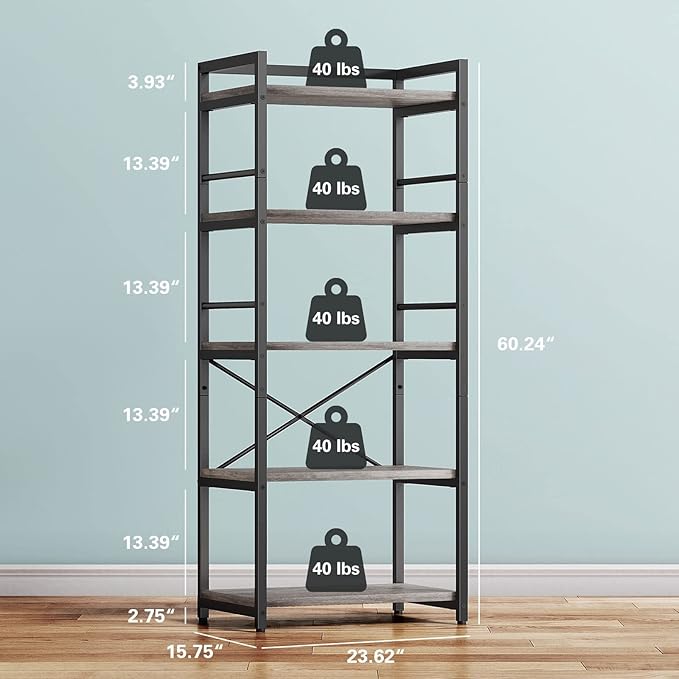 Denkee 5-Tier Bakers Rack for Kitchen with Storage, Industrial Microwave Stand Shelf, Coffee Bar for Small Spaces, Free Standing Kitchen Storage Shelf Rack, 23.62" L x 15.75" W x 60.24" H, Grey