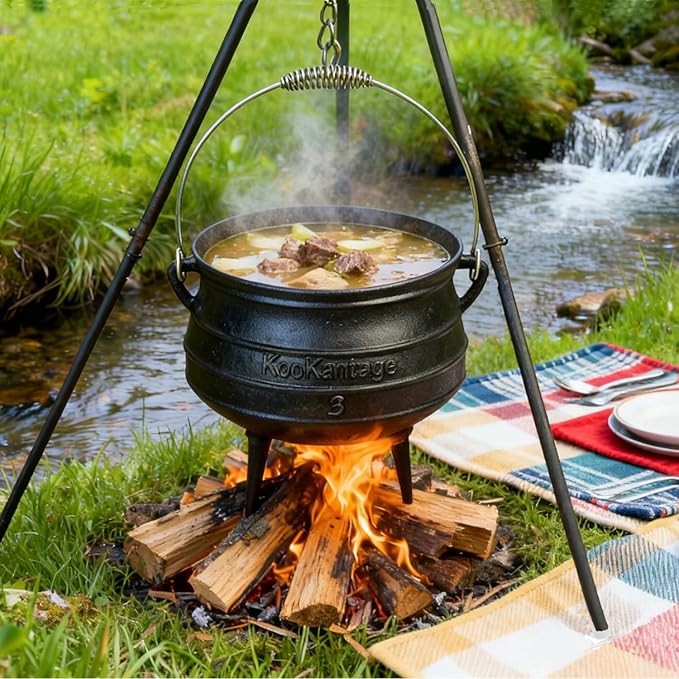 8-Quart Pre-Seasoned Cast Iron Cauldron - African Potjie Pot with Lid - 3-Legged Pot for Even Heat Distribution - Outdoor Cast Iron Dutch Oven Cookware for Campfire Cooking and Boiling