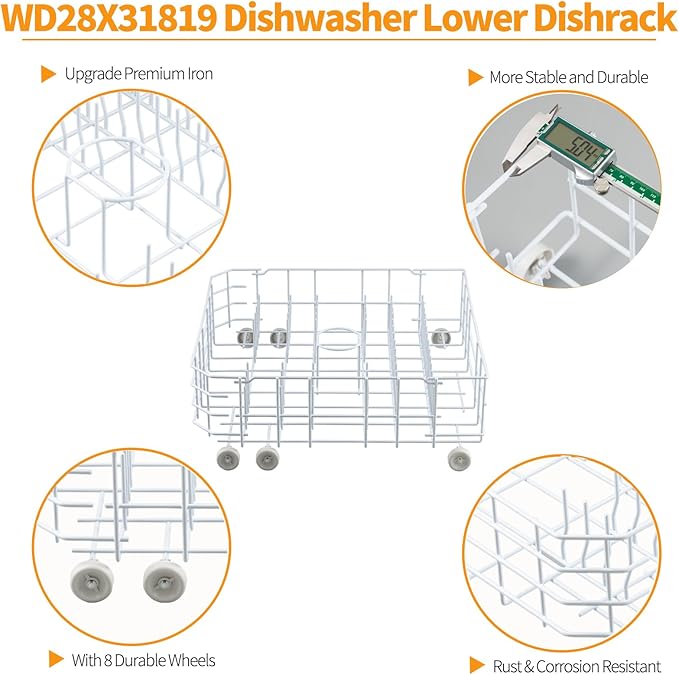 Atgestore Upgraded WD28X31819 WD28X10284 Dishwasher Rack Replacement Parts for GE Dishwasher Parts 22.2" x 20.7" Lower Rack ADW1100N10WW GE Dishwasher Bottom Dishrack Assembly Lower Dish Rack Wheels