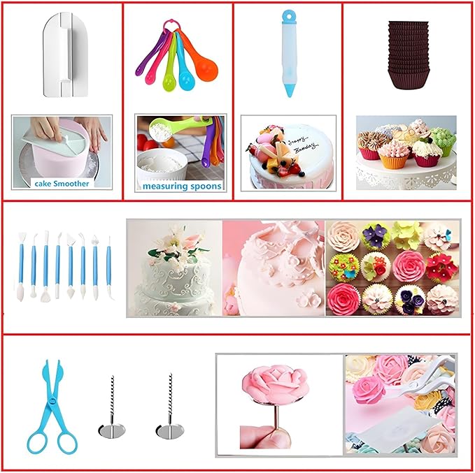 393 Pcs Cake Decorating Kit,with Aluminium Cake Turntable,Leveler,55 Numbered Icing+Skirt Tips,2 Spatulas,3 Scrapers,5 Coupler,100 Pastry Bags,150 Paper Cupcake Liners & More Baking Tools