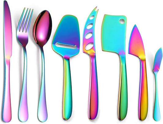 Rainbow Cheese Knives Silverware Set 8 Pieces include Dinning Knife Fork Spoon Stainless Steel Kitchen Gadget Tool Baking Utensils Multifunctional Durable for Daily Use and Parties