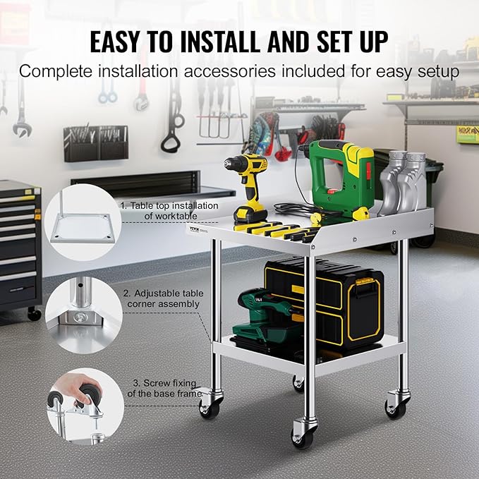 VEVOR Stainless Steel Work Table, 24 x 24 x 30 Inch Commercial Food Prep Worktable with 4 Wheels, Casters, 3-Sided Backsplash Heavy Duty Prep Worktable, Metal Work Table for Restaurant Home Hotel