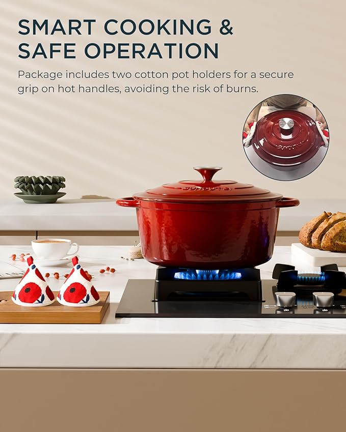 Enameled Cast Iron Dutch Oven - 7.5QT Pot with Lid & Cotton Potholders - Heavy-Duty Cookware for Braising, Stews, Roasting, Bread Baking, Oven Safe up to 500°F & Suitable for All Cooktops, Cherry Red