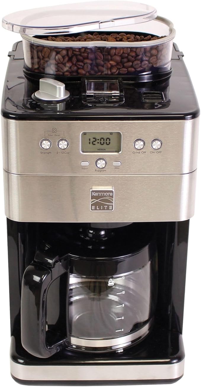 Kenmore Elite Grind and Brew Coffee Maker with Built‑In Burr Grinder, Automatic Drip Machine, 12‑Cup Programmable Brewer, Bean‑to‑Cup Cafetera, Stainless Steel Coffee Maker for Home & Office