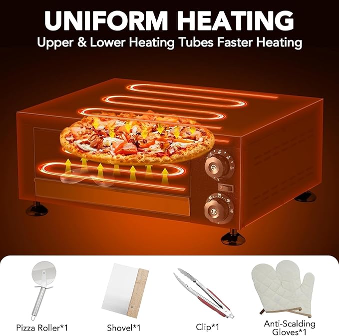 High-Speed Commercial Pizza Oven 12" 1100W，Sealed Stainless Steel with 60-Min Timer for Pizzeria, Food Truck, Catering，Countertop Electric Baking Machine