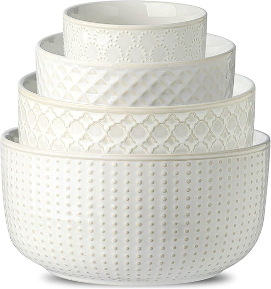 Ceramic Mixing Bowls, 27/53/84/162 oz, set of 4, Embossed large Mixing Bowl set, Serving bowls, Kitchen Dishware, Prep, Gift, Microwave and Dishwasher Safe, Modern Farmhouse Decor