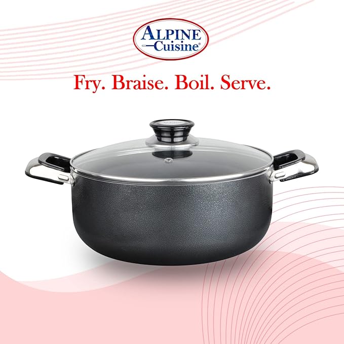Alpine Cuisine 13 Quart Non-stick Stock Pot with Tempered Glass Lid and Carrying Handles, Multi-Purpose Cookware Aluminum Dutch Oven for Braising, Boiling, Stewing