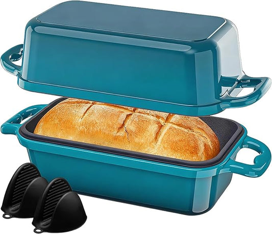 Enameled Cast Iron Sourdough Bread Dutch Oven, 9x5 Inch Loaf Cast Iron Bread Pan for Homemade Bread Baking, Sourdough Baking Pans, Meatloaf Pan with Lid, 2 Piece set, Emerald