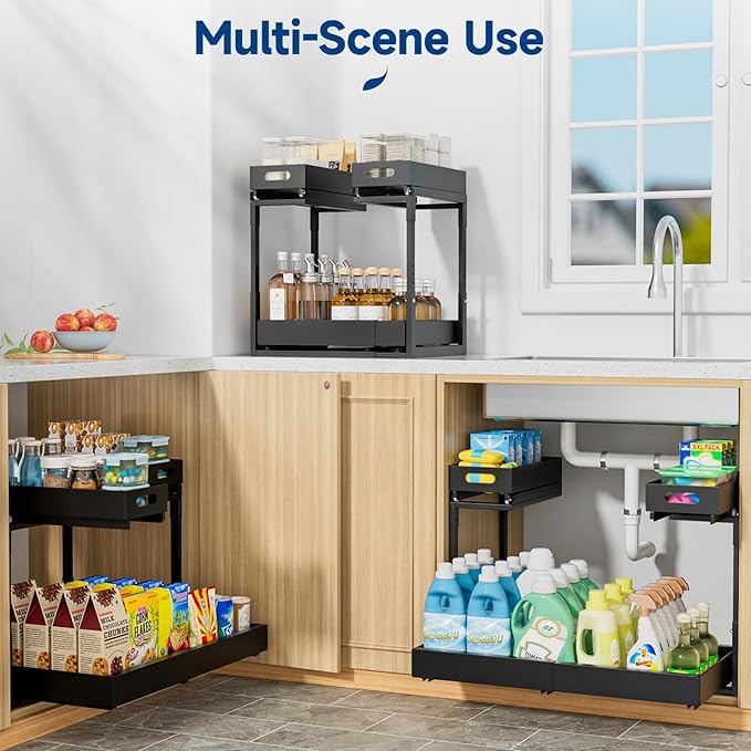 Insputer Upgrade 2 Tier Under Sink Organizer with 3 Slide Rails, Metal Under Cabinet Storage Expandable 15"-25" W & Height Adjustable, Thickened Pull Out Shelf for Bathroom, Kitchen, Laundry, Pantry