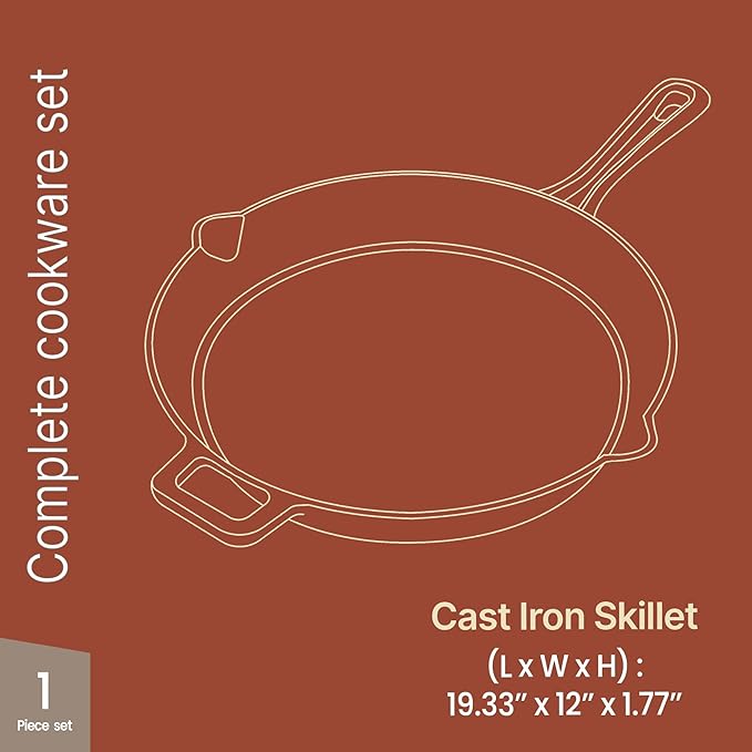 Bakken 12" Cast Iron Skillets, Pre-Seasoned Frying Pan with Even Heat Retention Cooking, Versatile for Stove, Oven, Grill & Campfire, Easy-Grip Handles, Hand Wash Only, 6.61 lbs