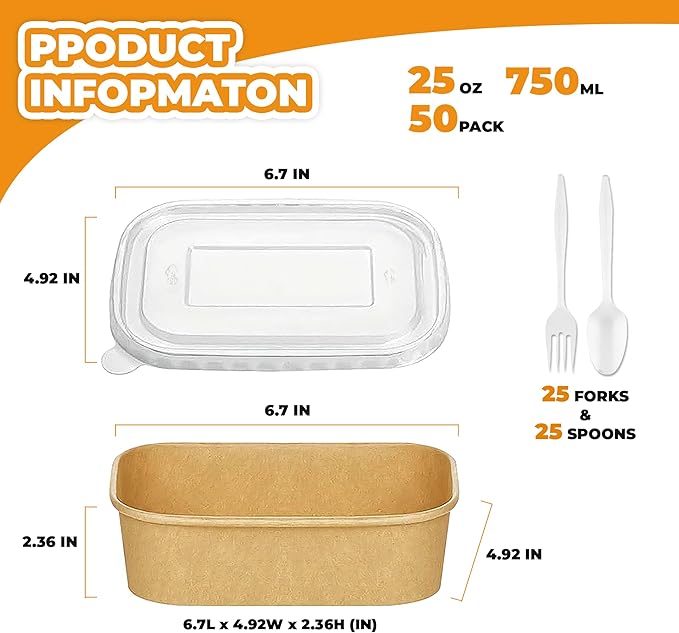 50 Pack 25 OZ Large Paper Bowls with Lids【with Spoons and Forks】, Heavy Duty Disposable Meal Prep Containers for Party, Disposable Bowls Bulk Soak-Proof and Microwave Safe for Hot/Cold Use
