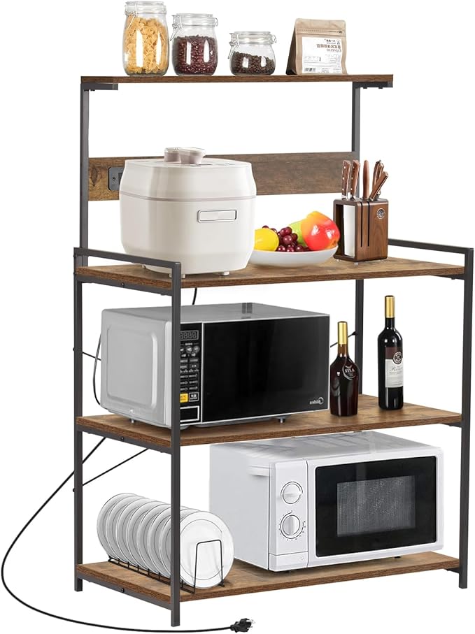 4-Tier Kitchen Baker's Rack with Power Outlet, Microwave Stand and Storage Shelves, Coffee Station Organizer (Rustic Brown)