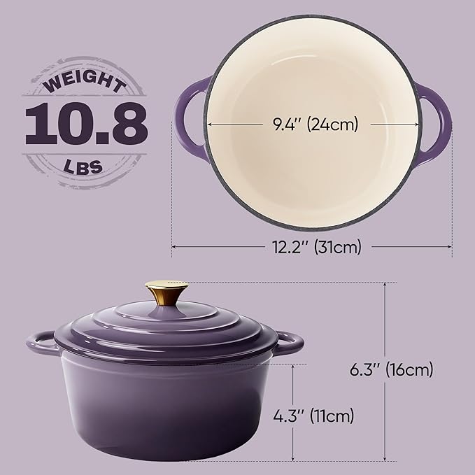 4.5 Quart Dutch Oven Pot with Lid, Non Stick Enameled Cast Iron Dutch Oven for Bread Baking, Heavy-Duty, Oven Safe Ceramic Cookware Up to 500°F for Baking, Braising, Stews, Roasting, Purple