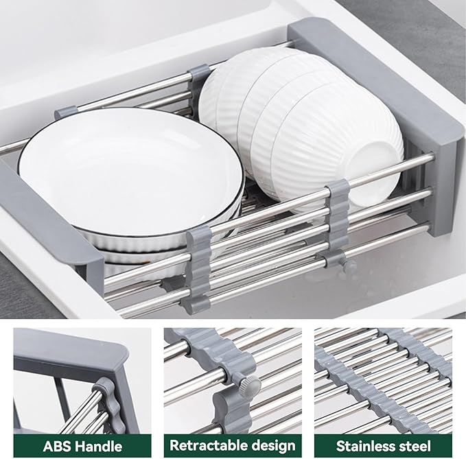 Cyrank Over The Sink Dish Drying Rack, Expandable Over Sink Grill Telescopic Drain Basket Kitchen Rack Drain Basket Sink Drying Rack(L#Grey)