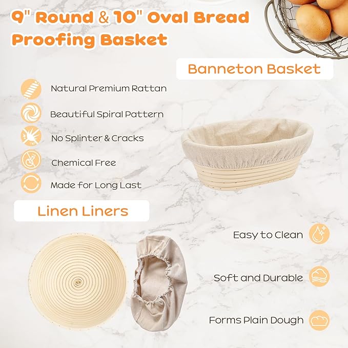 Sourdough Starter Kit, 9" Round & 10" Oval Banneton Bread Proofing Basket, Sourdough Bread Baking Supplies with Sourdough Starter Jar & Bread Slicer, Sour Dough Kit Gifts for People Who Love Baking