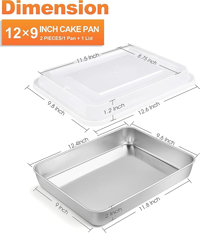 Herogo Cake Pan with Lid, 9 X 12 Inch Rectangle Stainless Steel Lasagna Baking Set of 1 Pan with 1 Lid Deep, for Brownies Casseroles Cakes, Dishwasher Safe