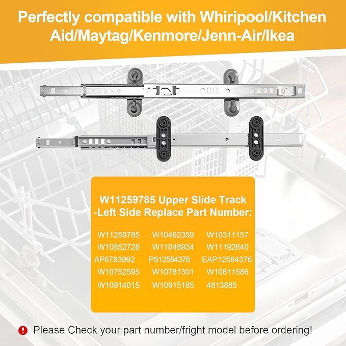 Upgraded W11259785 Dishwasher Dishrack Slide Track, Compatible With Whirlpool, KitchenAid, Kenmore, Maytag Jenn-Air Dishwasher W10462359 AP6783992 (Left Slide)