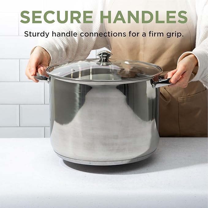 Ecolution Pure Intentions Stock Pot - Features Tempered Glass Lid, Keep Cool Handle, and Encapsulated Bottom - Oven Safe - Curbside Recyclable Stainless Steel - 16 Quarts