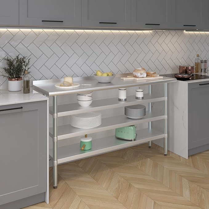 AmGood Stainless Steel Work Table with 1.5" Backsplash and 3 Shelves | Metal Kitchen Food Prep Table | NSF (60" Long x 18" Deep)