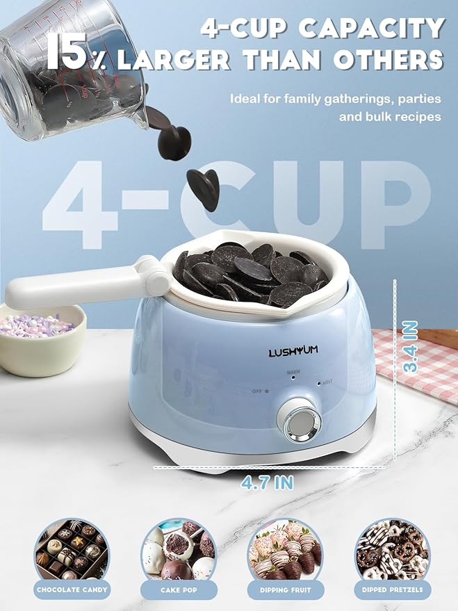 Chocolate Melting Pot Candy Melts Melter with 2 Insert Pots and Spatula, 4 Cups Capacity Warmer Machine, Ideal Dipping Tool Kitchen Supplies for Making Cake Pop Covered Strawberries Fondue