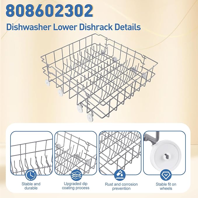 UPGRADED 808602302 Lower Dishrack Assembly Compatible with frigidaire & kenmore Dishwashers Rack,Dishwasher Lower Dishrack With 154174501 Wheels Replaces 154432602 154432601 Dishwasher Bottom Rack