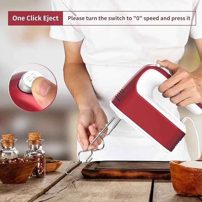9-Speed Digital Hand Mixer Electric, 400W Powerful DC Motor, Hand Mixer Electric Handheld with Snap-On Storage Case, 5 Stainless Steel Accessories, Beaters, Dough Hooks, Whisk(Red/White)