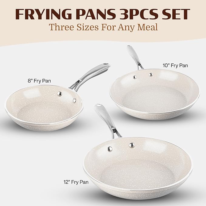 Granitestone Ceraluxe 3pc Non Stick Frying Pans Set, 8,10,12 inch Ceramic Frying Pan Skillet Set, Non Toxic Frying pans Nonstick for Cooking, Induction Ready, PFOA Free, Oven & Dishwasher Safe - Taupe