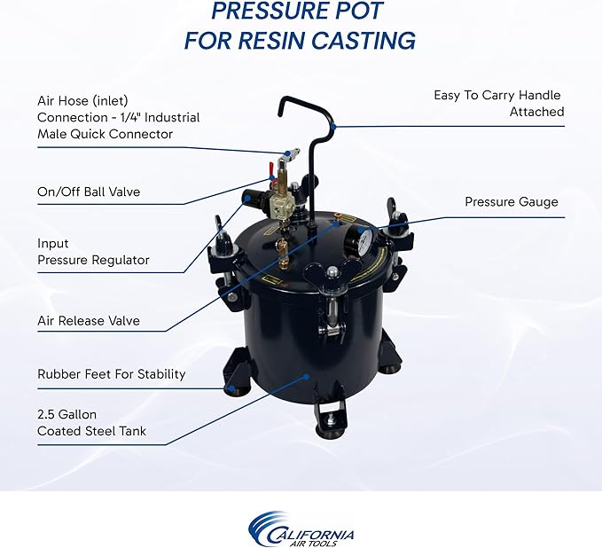 California Air Tools 255C 2.5 Gallon Pressure Pot for Epoxy Resin Casting, Coated Steel Tank, Portable, Blue