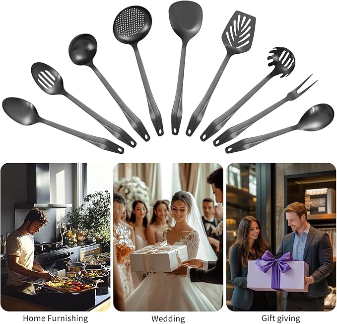 304 Stainless Steel Kitchen Utensil Set - 9pcs Cooking Utensils, Metal Kitchen Utensil Spatula Sets Cookware,High temperature resistance Kitchen Tool Set for Hanging Dishwasher Safe（Black）