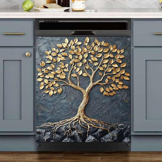 Tree of Life Dishwasher Magnet Cover, Farm Tree Refrigerator Magnetic Vinyl Sticker for Dishwasher Door, Gold and Black Decorative Kitchen Appliance Panel Decal, 23Wx26H Inches