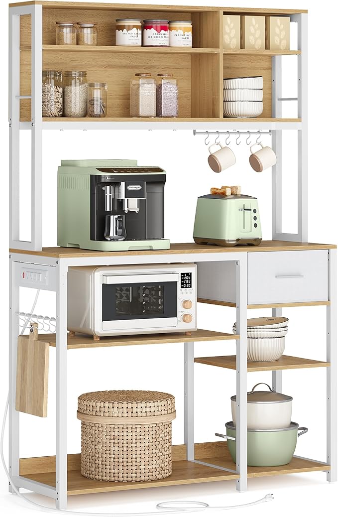 VASAGLE Bakers Rack with Charging Station, Coffee Bar, 15.7 x 39.4 x 71 Inches, Kitchen Microwave Stand, Adjustable Storage Shelves, Fabric Drawer, 12 Hooks, Golden Oak and Cloud White UKKS027Y01