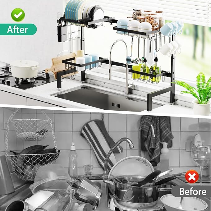 Over The Sink Dish Drying Rack Adjustable (Length and Height) Large Dish Rack, 2-Tier 4 Baskets Stainless Steel Dish Drainers for Kitchen Counter, 26-33.5L x 11.8W x 21.6-23.2H Inches