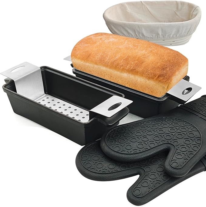 2-In-1 Cast Iron Oven Pan - 9"x5" Durable Loaf Pans Rectangular Baking Pan with Banneton Bread Proofing Basket set for home baking, 2 Piece Set -1.8 QT×2 Pcs (Stainless steel mats, Bread Pan 4 Set)