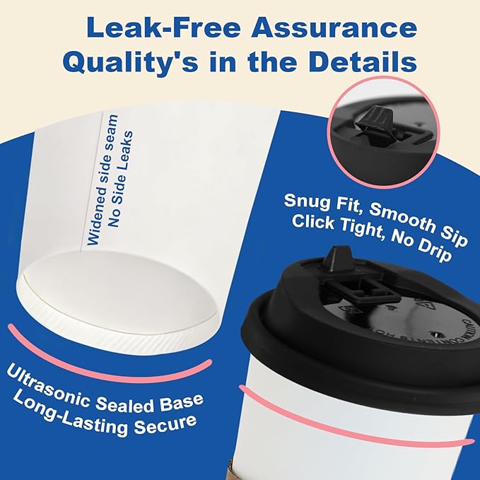 16 oz 500 Pack Coffee Cups with Lids and Sleeves, Straws, Hot Disposable To Go Travel Paper Cups Bulk for Office, Home Coffee Bar Accessories, Chocolate, Cocoa, Beverage (White)