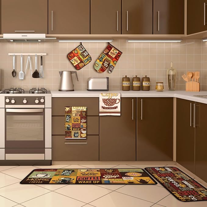 10 Pcs Coffee Kitchen Decor and Accessories Coffee Oven Mitts and Pot Holders Set Dish Towels Farmhouse Kitchen Decor Retro Brown Gloves for Chef Baking Cooking Grilling BBQ Women Gift