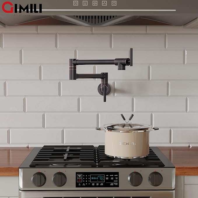 GIMILI Oil Rubbed Bronze Pot Filler Commercial Wall Mount Folding Double Joint Swing Arm Pot Filler Rotatable Wall Faucet