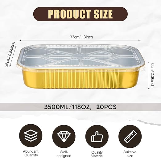 Baderke 20 Set 9x13 Heavy Duty Aluminum Pans with Lids Double Thick Aluminum Foil Baking Pan Food Container for Heating Cooking Meal Prep Storage Freezer and Takeout (Gold)
