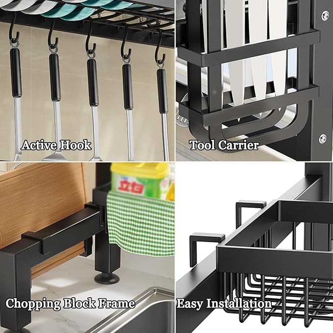 Over Sink Dish Drying Rack,Adjustable Dish Drainer for Kitchen Storage Counter Organization,Stainless Steel Dish Rack Display(2-95cm)
