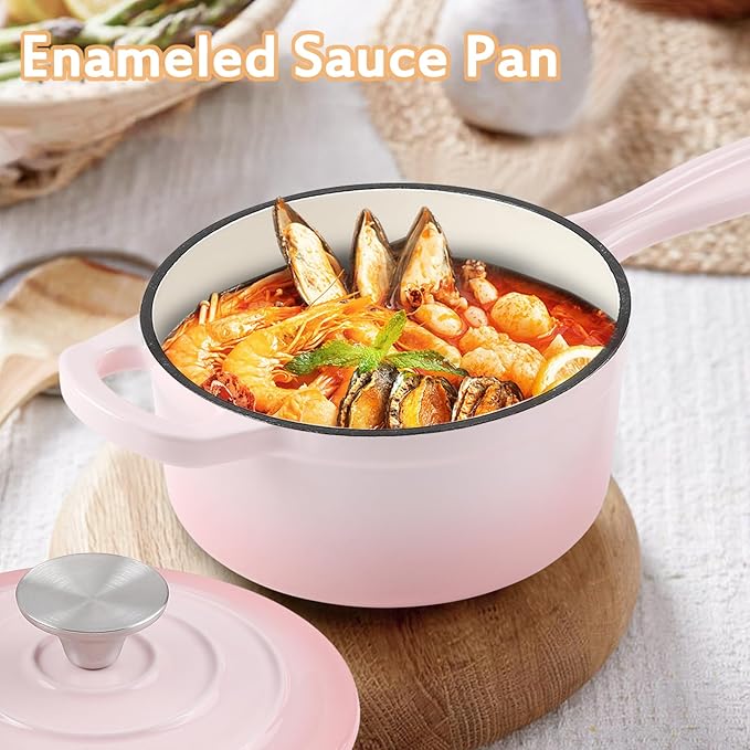 Enameled Cast Iron Sauce Pan, 1 Quart Enameled Saucepan with Lid, Mini Dutch Oven Enamel Saucepan for Cooking Pasta Sauce, Gravy, Puddings, Marinate, Boiling (Gradient Pink)