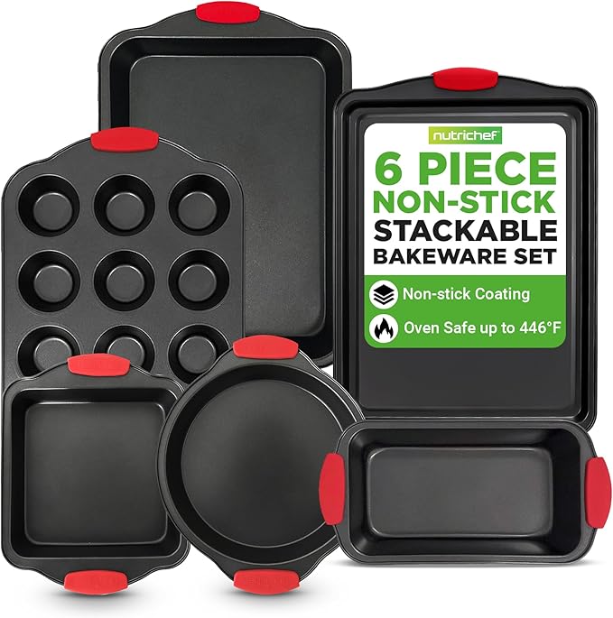 NutriChef Baking Set - 6 Piece Bakeware with Nonstick Carbon Steel for Easy Release and Cleanup, Durable and Versatile Design, Includes Cookie Sheet, Loaf Pan, Muffin Tin & More