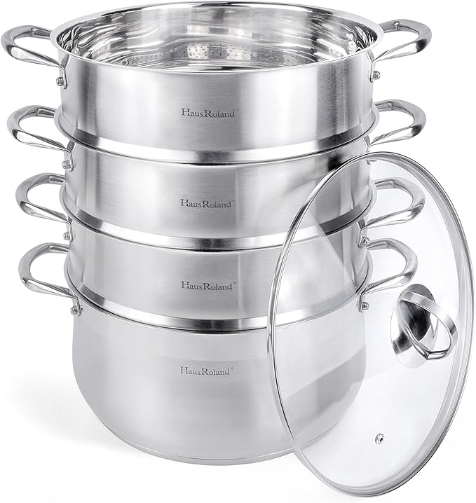 3-Tier Stainless Steel Steamer Pot with Lid Dumpling Steamer Pot for Cooking (3-tiered), Multi-Layer Cookware Pot, Food Vegetable Cooking Pan with Stackable Pan Insert for Vegetable, Dumpling, Meat, Dishwasher safe, Induction Safe (Silver, 9.08-qt. (8....