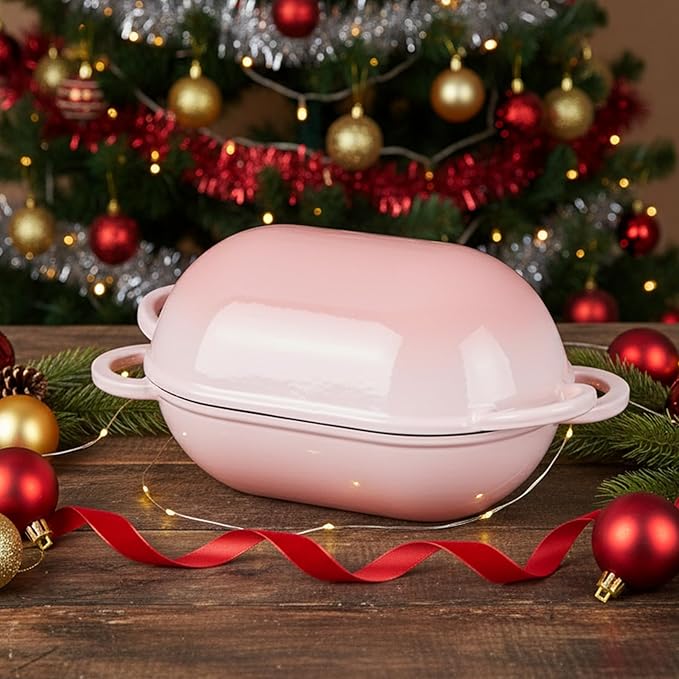 Onader Enameled Cast Iron Sourdough Bread Oven, 2.8QT Oval Dutch Oven, Loaf Cast Iron Bread Pan with Lid for Homemade Bread Baking, 9x5-1/2 Inch Meatloaf Pan, Heavy Duty - Pink