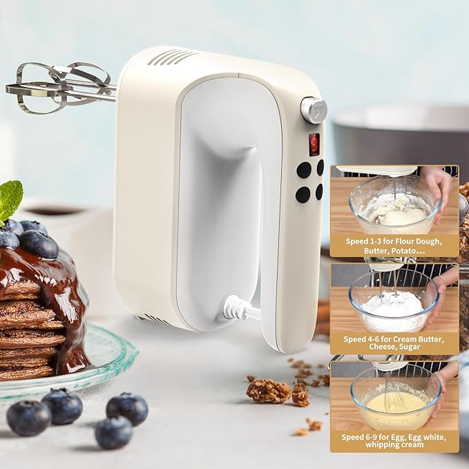 9-Speed Digital Hand Mixer Electric, 400W Powerful DC Motor, Hand Mixer Electric Handheld with Snap-On Storage Case, 5 Stainless Steel Accessories, Beaters, Dough Hooks, Whisk(Cream White)