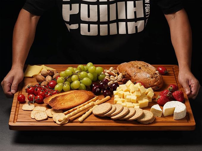 24"x18" Bamboo Cutting Boards, XXL Charcuterie Cheese Platter Serving Tray with Handles and Juice Grooves, Solid Structure, Slim, Durable, Reversible