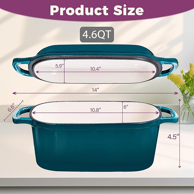 4.6-Quart Oval Dutch Oven for Bread Baking, 2 in 1 Enameled Cast Iron Bread Pan with Lid, Sourdough Bread Dutch Oven for a Crispy Crust, Teal