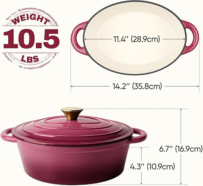 Oval Dutch Oven for Bread Baking, 4.5 Quart Non Stick Enameled Cast Iron Dutch Oven Pot with Lid, Oven Safe Oval Casserole with Lid up to 500°F for Baking, Braising, Stews, Roasting, Rose