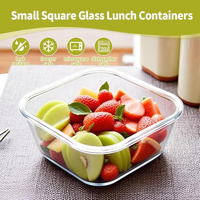 2 Cup Square Glass Food Container with Airtight Lids, Small Glass Square Meal Prep Containers, BPA free 16oz Food Bowls For Soup Snack fruit, Microwave, Dishwasher, Freezer Safe (4 color)