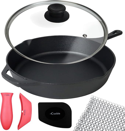 10.25-Inch Cast Iron Skillet Set (Pre-Seasoned), Including Large & Assist Silicone Hot Handle Holders, Glass Lid, Cast Iron Cleaner Chainmail Scrubber, Scraper | Indoor & Outdoor Use