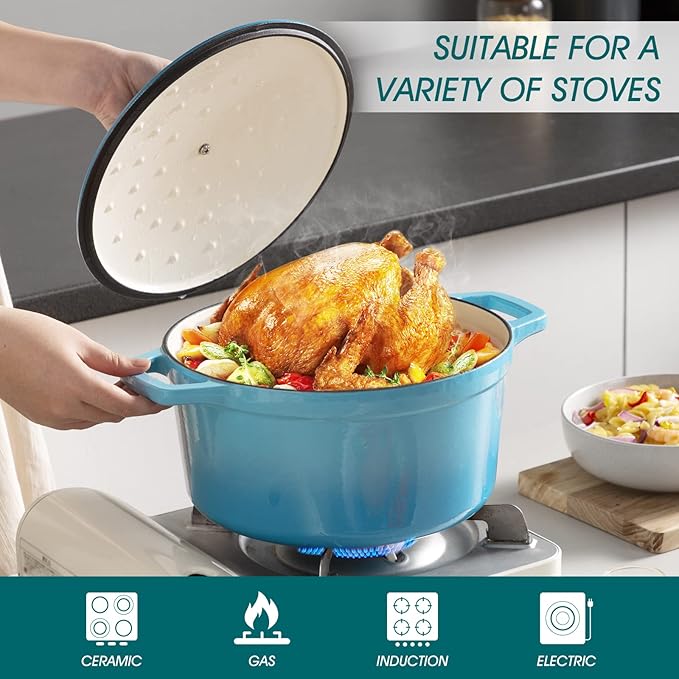 vancasso 7.5 QT Enameled Cast Iron Dutch Oven with Lid - Nonstick Enamel Coating, Tight-Sealing Pot for Bread Baking, Braising, Soups & Stews, Oven/Stovetop/Grill Safe, Blue